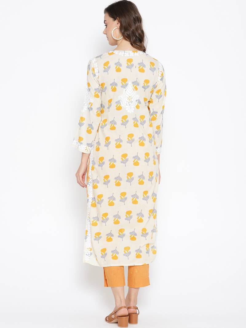 Hand Embroidered Fawn Yellow  Cotton Lucknow Chikankari Kurti 