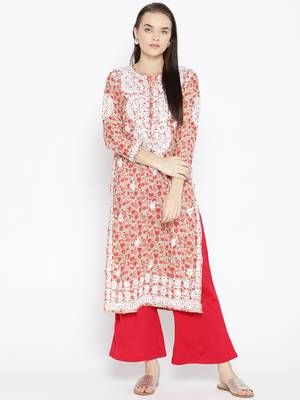 Hand Embroidered Fawn Red Cotton Lucknow Chikankari Kurti  1