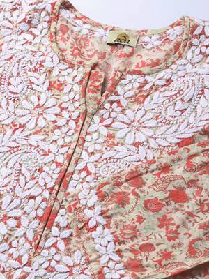 Hand Embroidered Fawn Red Cotton Lucknow Chikankari Kurti  2