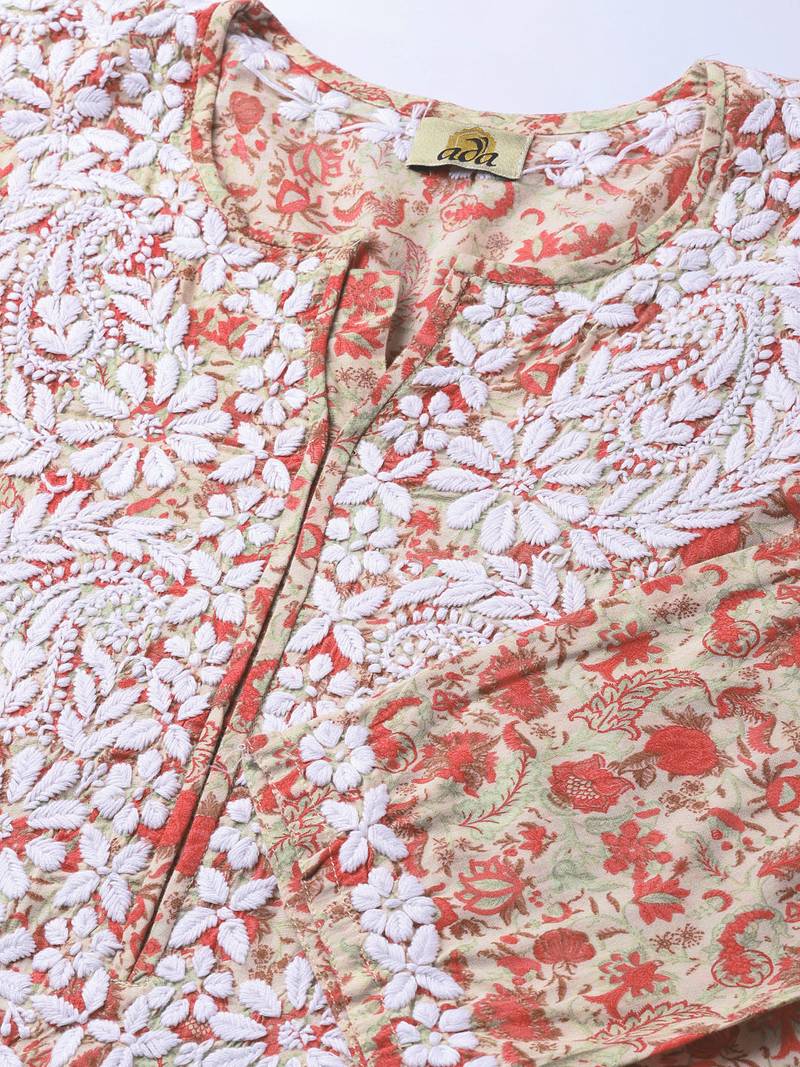 Hand Embroidered Fawn Red Cotton Lucknow Chikankari Kurti 
