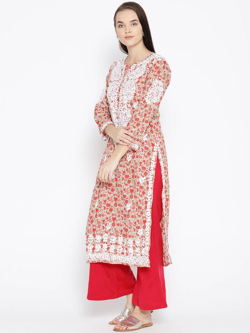 Hand Embroidered Fawn Red Cotton Lucknow Chikankari Kurti 