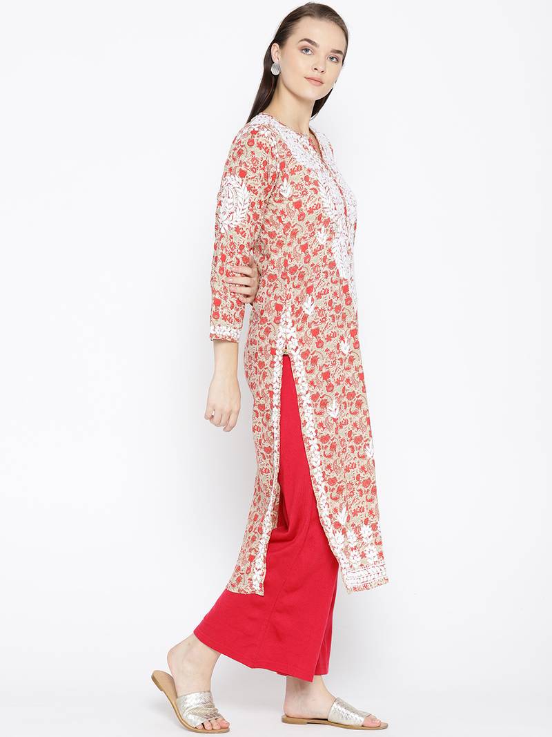 Hand Embroidered Fawn Red Cotton Lucknow Chikankari Kurti 
