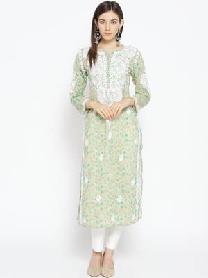 Hand Embroidered Fawn Green Cotton Lucknow Chikankari Kurti  1