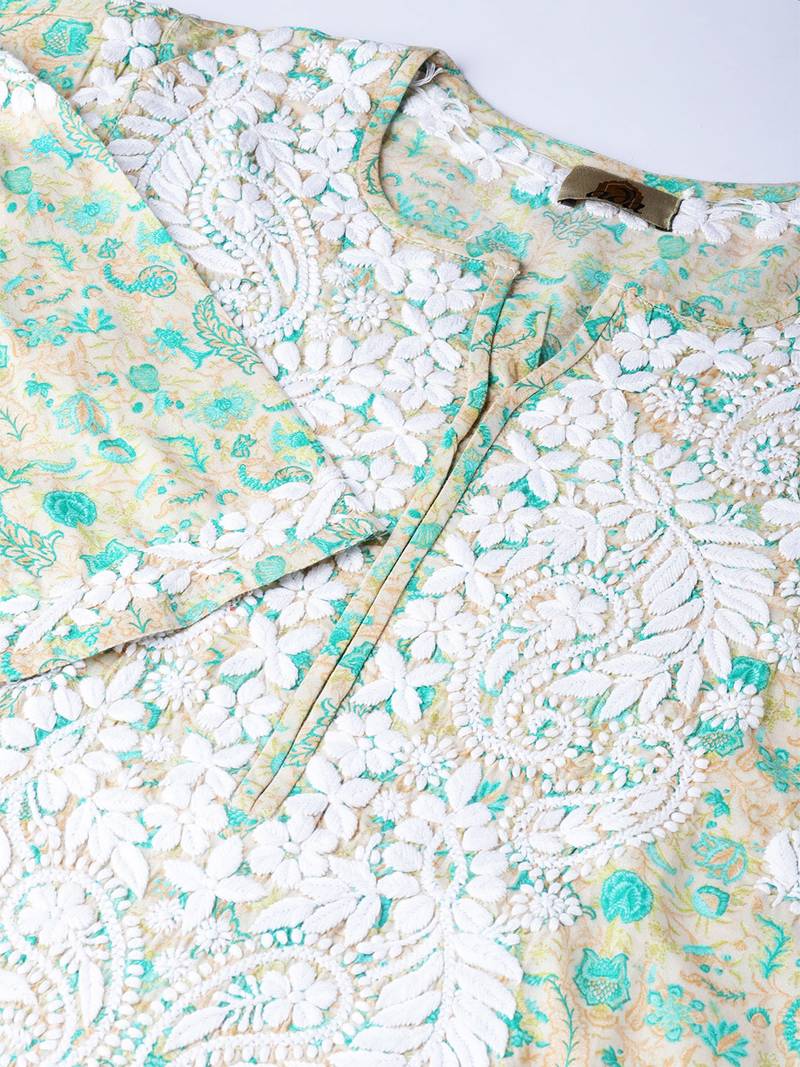 Hand Embroidered Fawn Green Cotton Lucknow Chikankari Kurti 