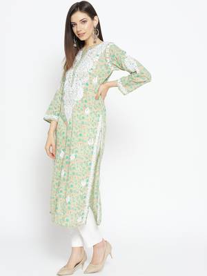 Hand Embroidered Fawn Green Cotton Lucknow Chikankari Kurti  3