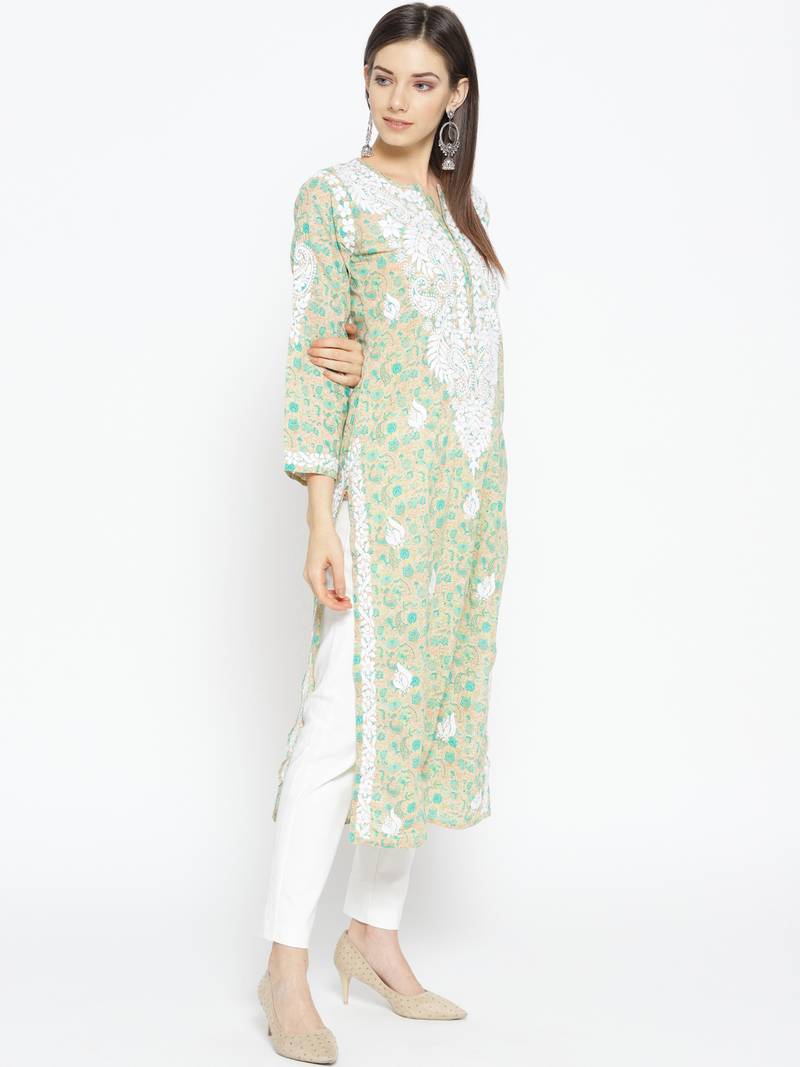 Hand Embroidered Fawn Green Cotton Lucknow Chikankari Kurti 