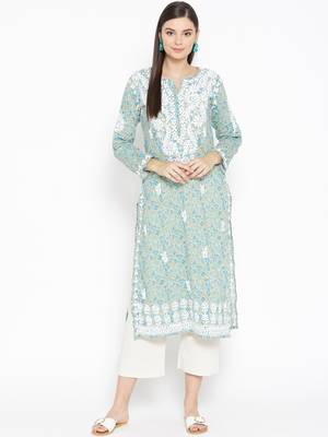Hand Embroidered Fawn Blue Cotton Lucknow Chikankari Kurti  1