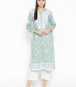 Hand Embroidered Fawn Blue Cotton Lucknow Chikankari Kurti 