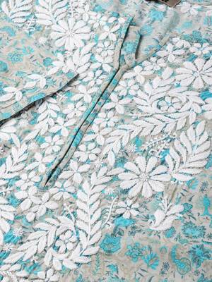 Hand Embroidered Fawn Blue Cotton Lucknow Chikankari Kurti  2