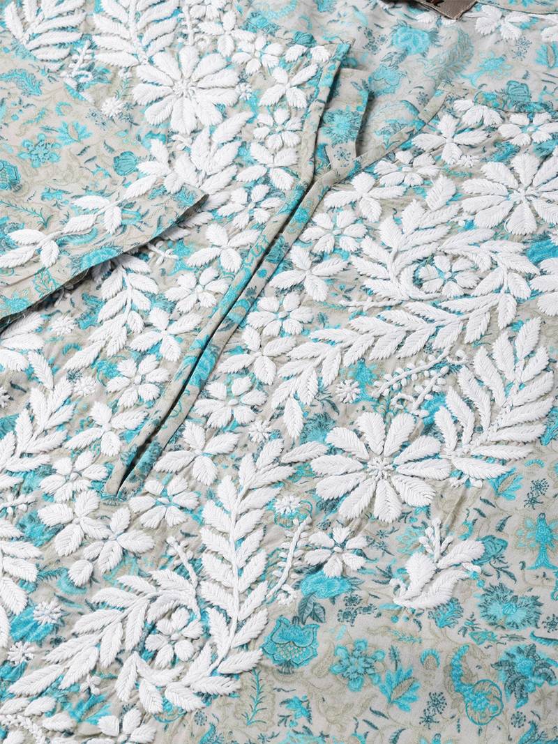 Hand Embroidered Fawn Blue Cotton Lucknow Chikankari Kurti 