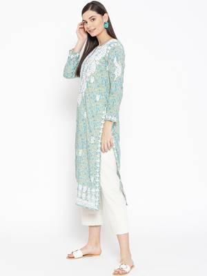 Hand Embroidered Fawn Blue Cotton Lucknow Chikankari Kurti  3