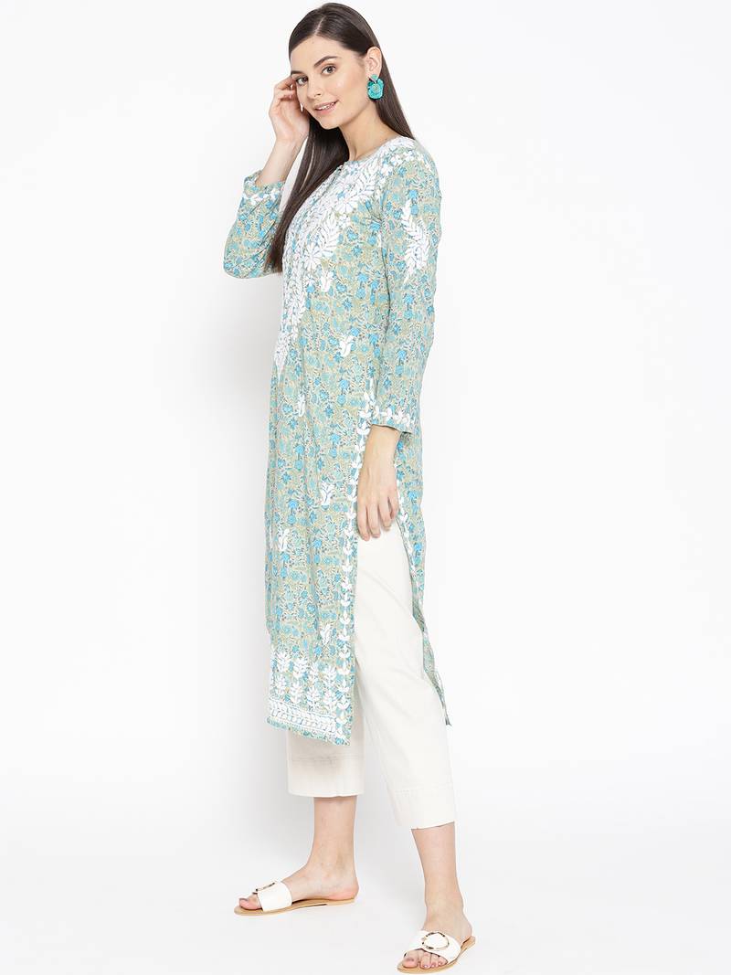 Hand Embroidered Fawn Blue Cotton Lucknow Chikankari Kurti 