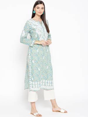 Hand Embroidered Fawn Blue Cotton Lucknow Chikankari Kurti  4