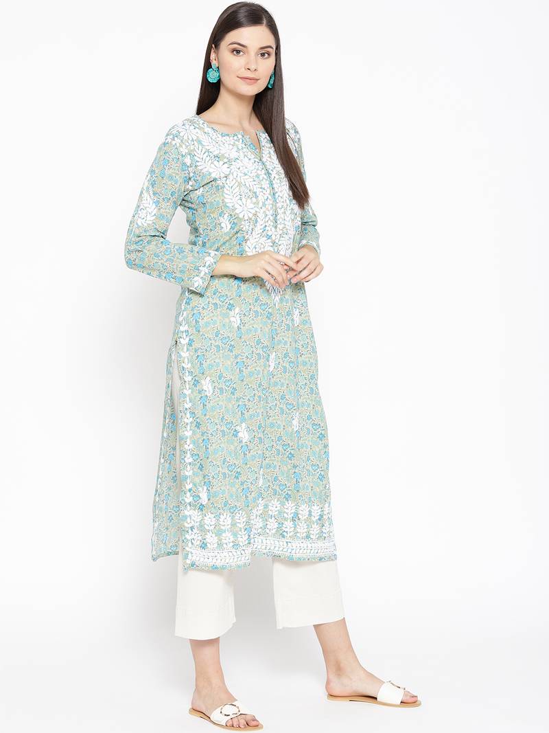 Hand Embroidered Fawn Blue Cotton Lucknow Chikankari Kurti 