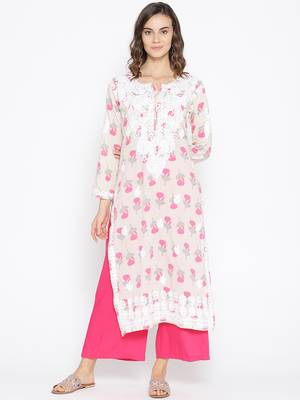 Hand Embroidered Fawn Pink Cotton Lucknow Chikankari Kurti  1