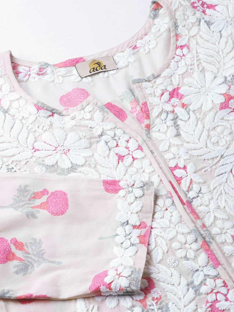 Hand Embroidered Fawn Pink Cotton Lucknow Chikankari Kurti 