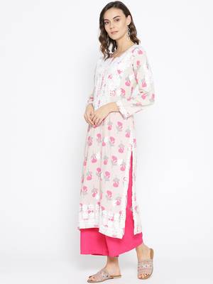 Hand Embroidered Fawn Pink Cotton Lucknow Chikankari Kurti  3