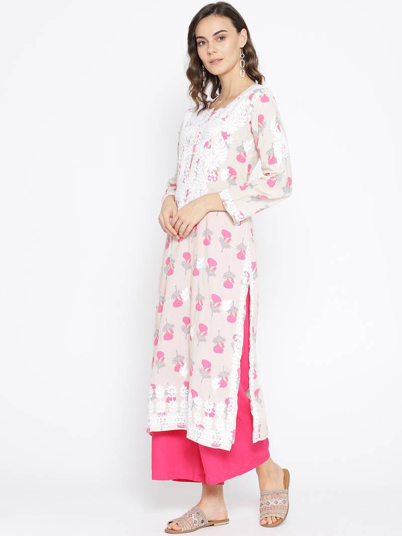 Hand Embroidered Fawn Pink Cotton Lucknow Chikankari Kurti 