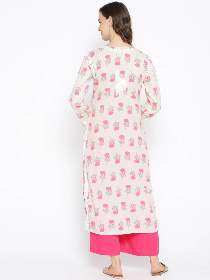 Hand Embroidered Fawn Pink Cotton Lucknow Chikankari Kurti 