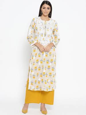 Hand Embroidered Fawn Yellow Cotton Lucknow Chikankari Kurti  1