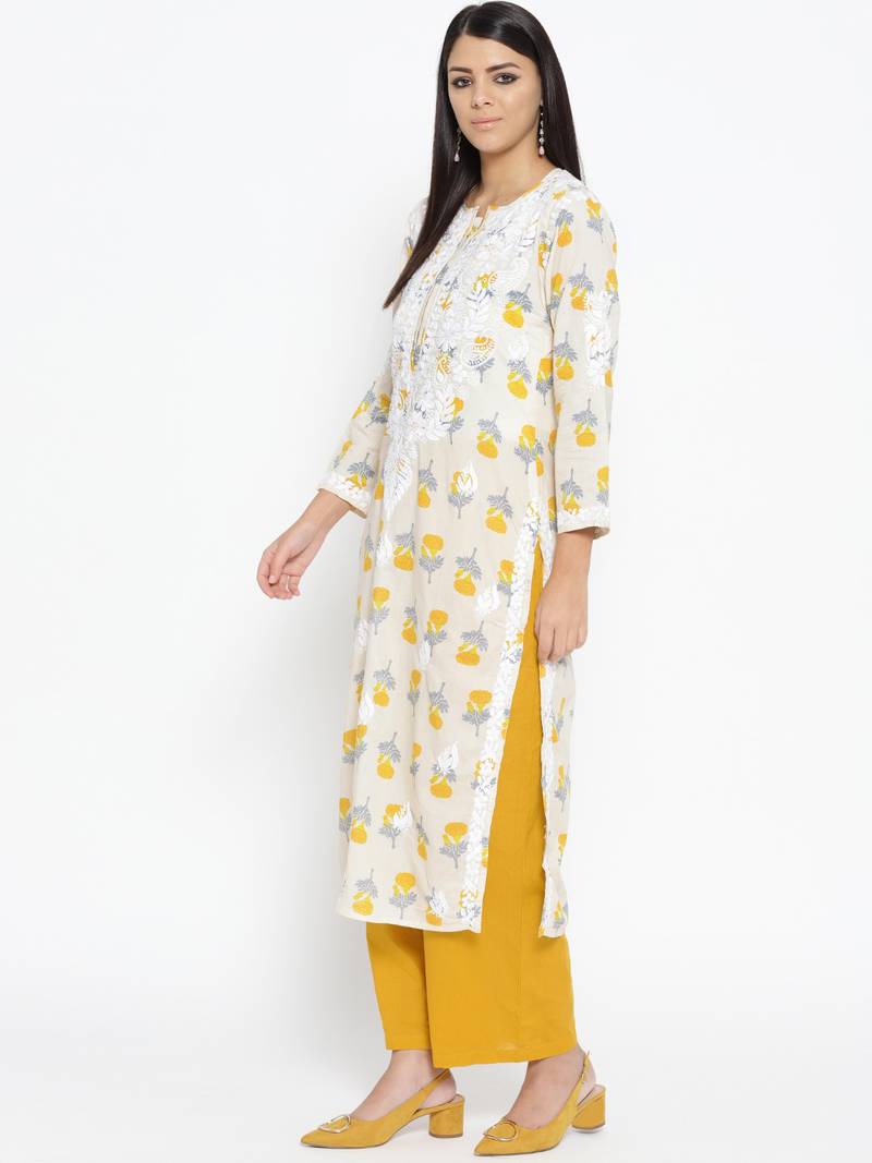 Hand Embroidered Fawn Yellow Cotton Lucknow Chikankari Kurti 