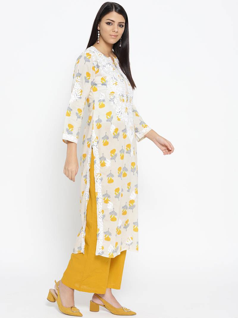 Hand Embroidered Fawn Yellow Cotton Lucknow Chikankari Kurti 