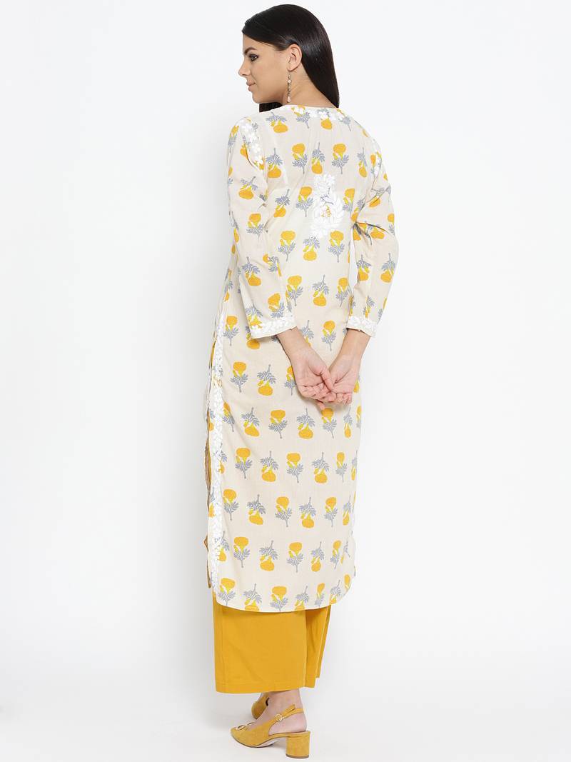 Hand Embroidered Fawn Yellow Cotton Lucknow Chikankari Kurti 