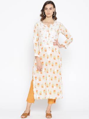 Ada Hand Embroidered Fawn Yellow Cotton Lucknow Chikankari Women Kurti - A100035 1
