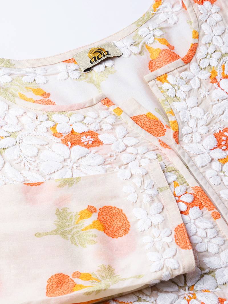 Ada Hand Embroidered Fawn Yellow Cotton Lucknow Chikankari Women Kurti - A100035