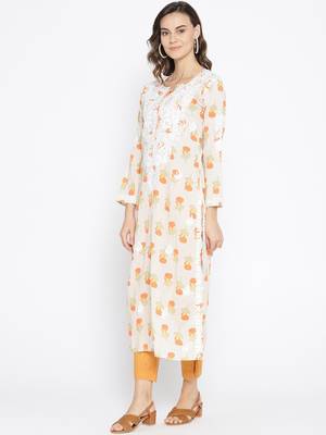 Ada Hand Embroidered Fawn Yellow Cotton Lucknow Chikankari Women Kurti - A100035 3