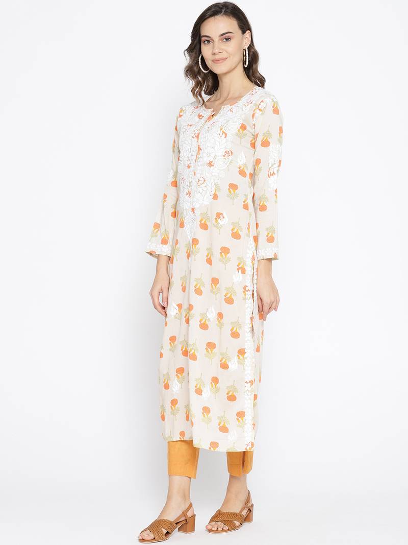 Ada Hand Embroidered Fawn Yellow Cotton Lucknow Chikankari Women Kurti - A100035
