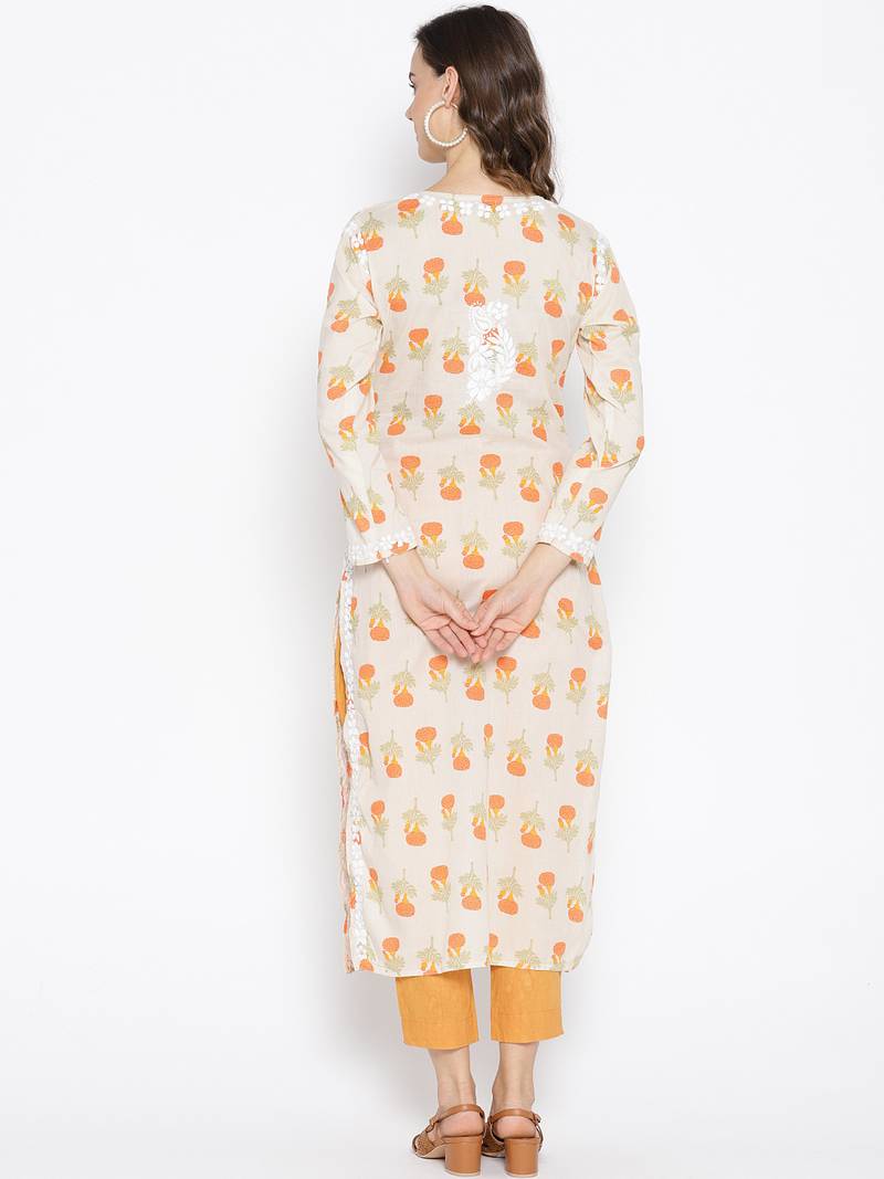 Ada Hand Embroidered Fawn Yellow Cotton Lucknow Chikankari Women Kurti - A100035