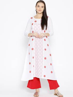 Ada Hand Embroidered White Cotton Lucknow Chikankari Women Kurta With Muqaish Work - A100047 1