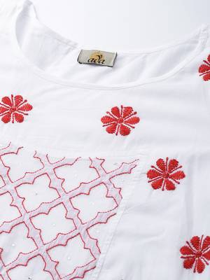 Ada Hand Embroidered White Cotton Lucknow Chikankari Women Kurta With Muqaish Work - A100047 2