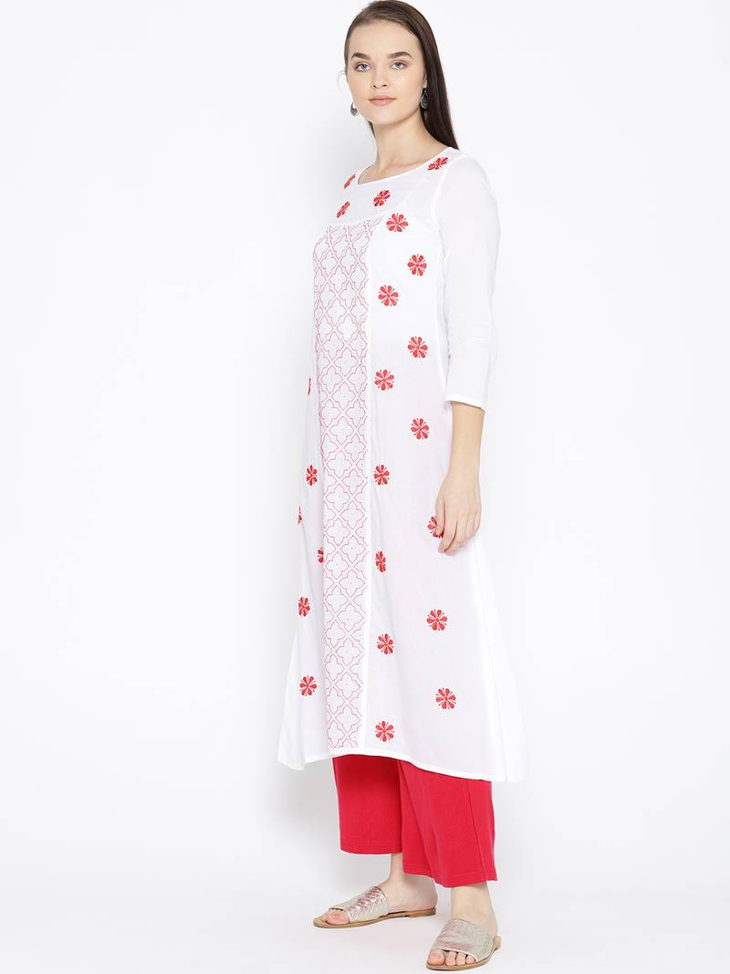 Ada Hand Embroidered White Cotton Lucknow Chikankari Women Kurta With Muqaish Work - A100047