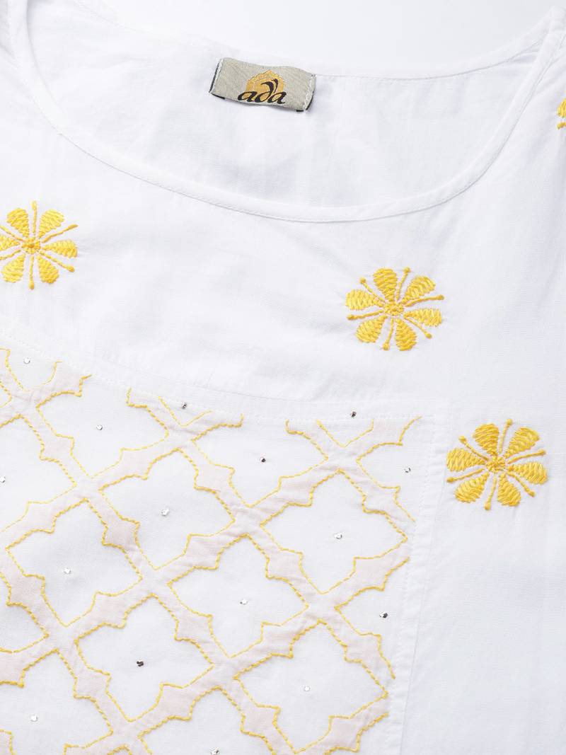 Ada Hand Embroidered White Cotton Lucknow Chikankari Women Kurta With Muqaish Work - A100048