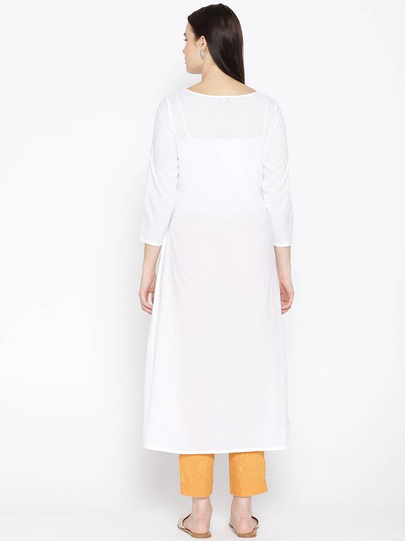 Ada Hand Embroidered White Cotton Lucknow Chikankari Women Kurta With Muqaish Work - A100048