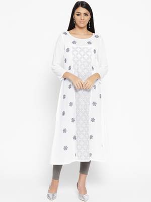 Ada Hand Embroidered White Cotton Lucknow Chikankari Women Kurta With Muqaish Work - A100050 1