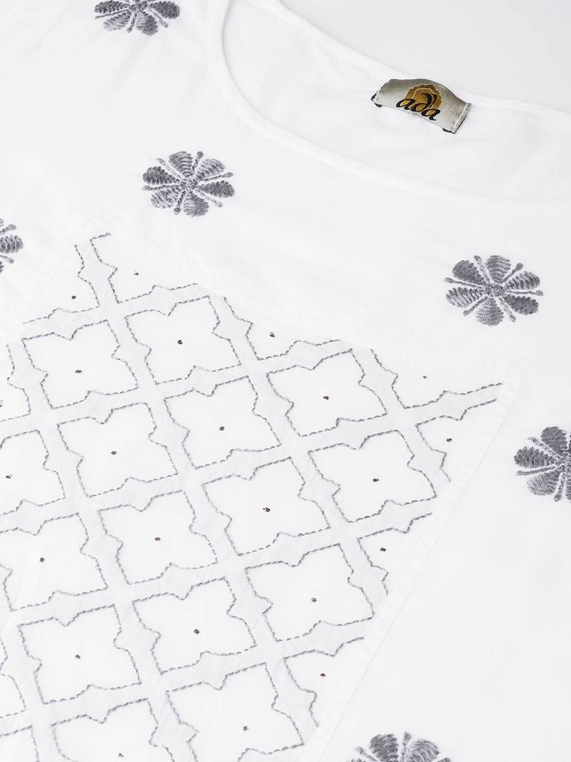 Ada Hand Embroidered White Cotton Lucknow Chikankari Women Kurta With Muqaish Work - A100050