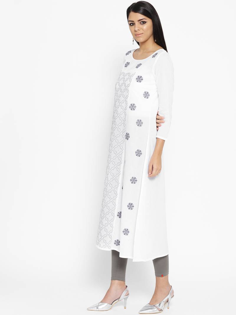 Ada Hand Embroidered White Cotton Lucknow Chikankari Women Kurta With Muqaish Work - A100050