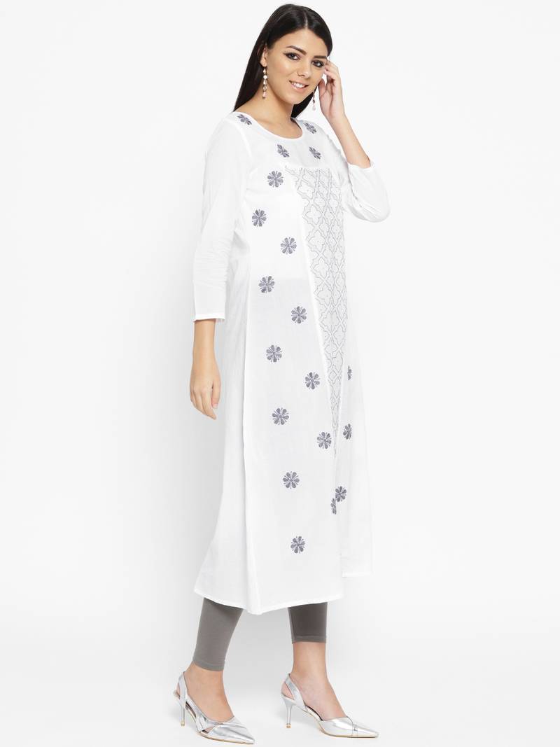 Ada Hand Embroidered White Cotton Lucknow Chikankari Women Kurta With Muqaish Work - A100050