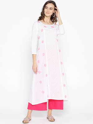 Ada Hand Embroidered White Cotton Lucknow Chikankari Women Kurta with Muqaish Work - A100049 1