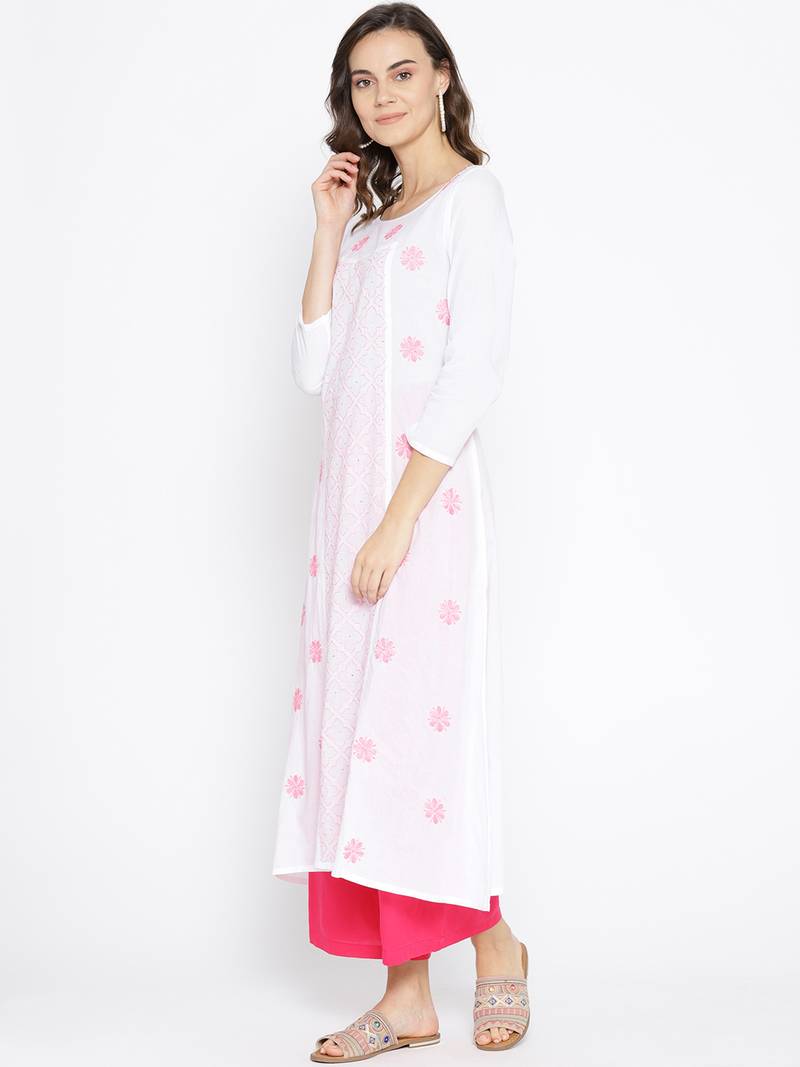 Ada Hand Embroidered White Cotton Lucknow Chikankari Women Kurta with Muqaish Work - A100049