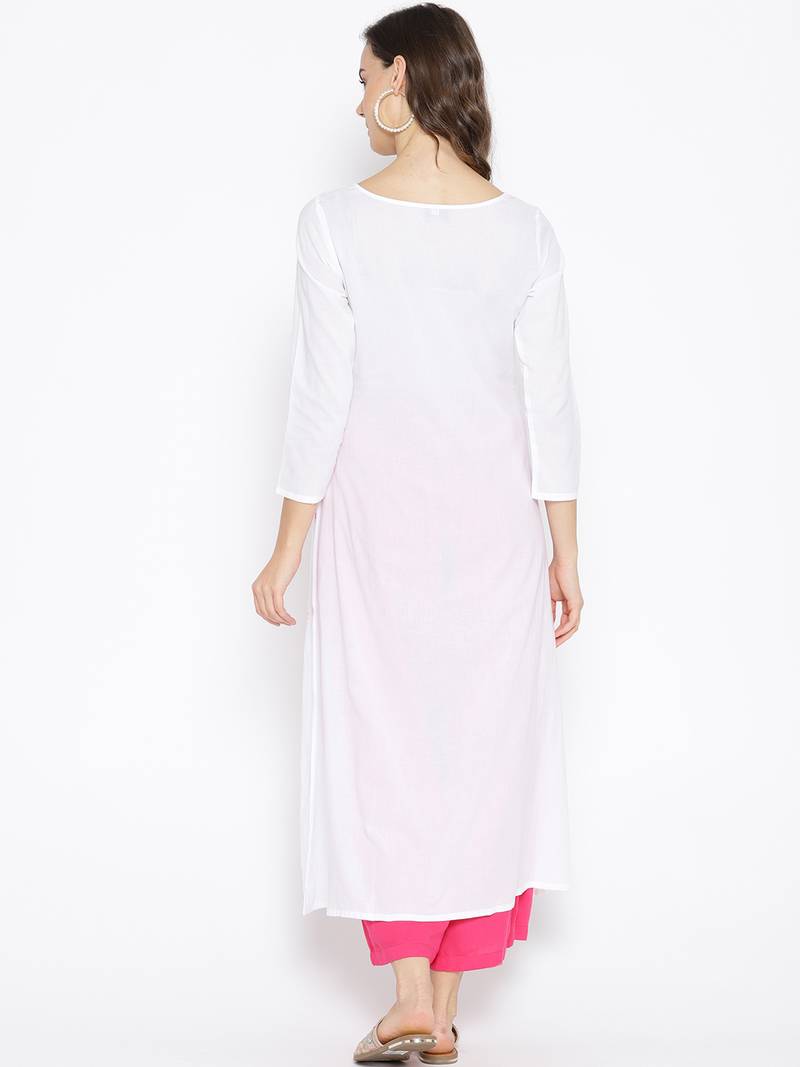 Ada Hand Embroidered White Cotton Lucknow Chikankari Women Kurta with Muqaish Work - A100049