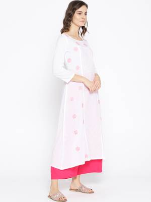 Ada Hand Embroidered White Cotton Lucknow Chikankari Women Kurta with Muqaish Work - A100049 4
