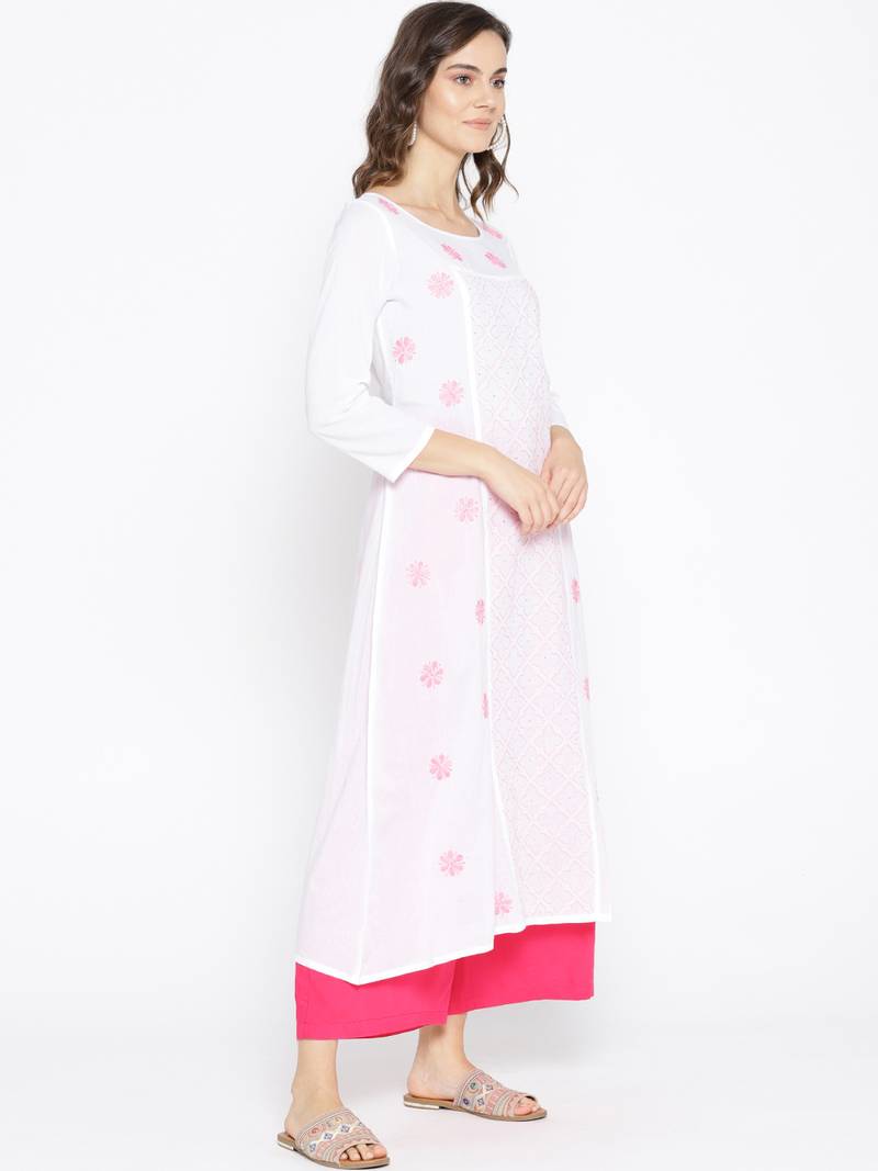 Ada Hand Embroidered White Cotton Lucknow Chikankari Women Kurta with Muqaish Work - A100049