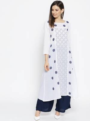 Ada Hand Embroidered White Cotton Lucknow Chikankari Kurta With Muqaish Work 1