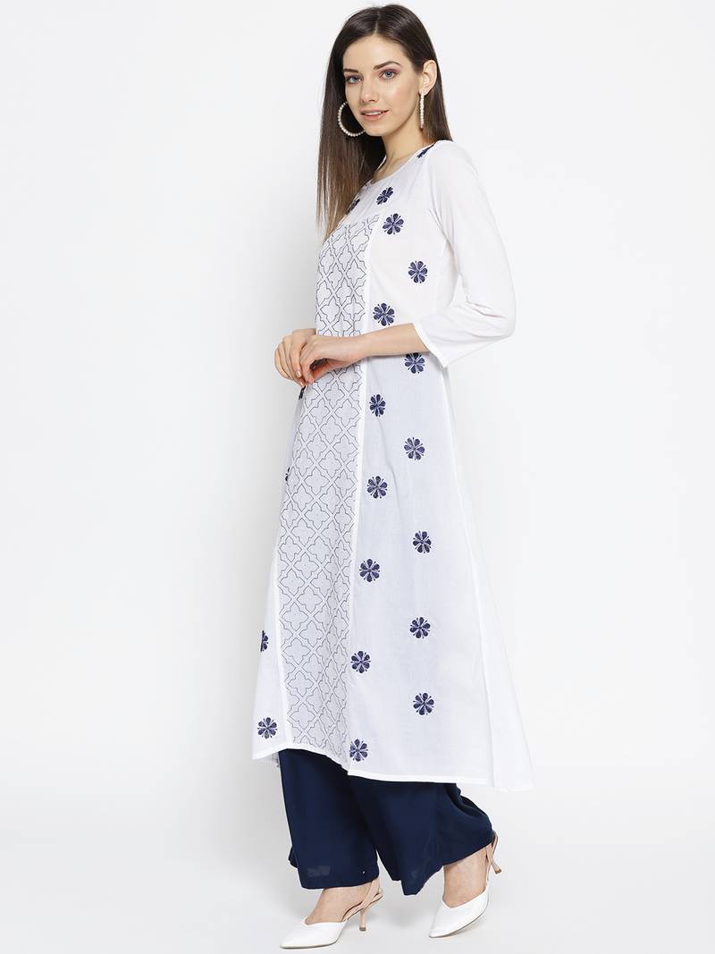Ada Hand Embroidered White Cotton Lucknow Chikankari Kurta With Muqaish Work