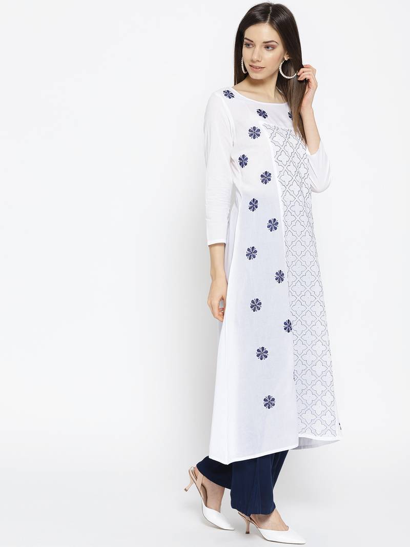 Ada Hand Embroidered White Cotton Lucknow Chikankari Kurta With Muqaish Work