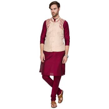 Maroon & beige Solid & embroidered art silk Kurta Set 1
